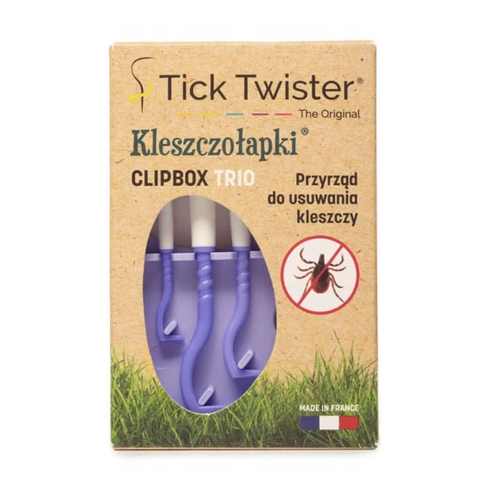 TICK TWISTER Clipbox TRIO  - potrójne  kleszczołapki do usuwania kleszczy u psów i kotów + wygodne pudełko, fioletowe