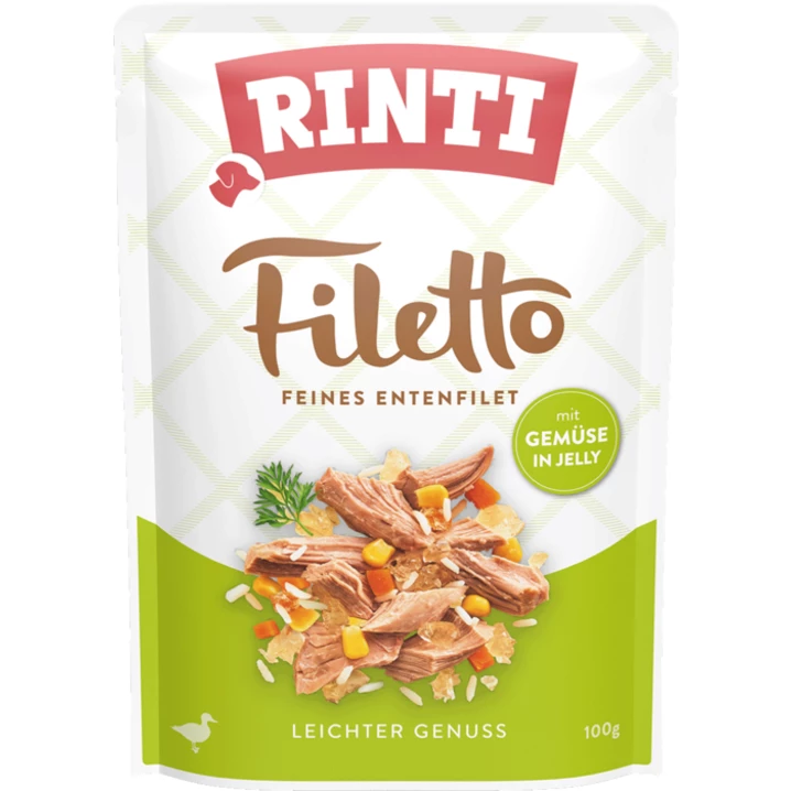 RINTI Filetto - mokra karma uzupełniająca dla psa wybrednego, filety z kaczki z warzywami w galaretce 100 g