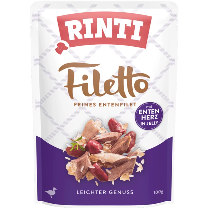 RINTI Filetto - mokra karma uzupełniająca dla psa wybrednego, filety z kaczki z sercami w galaretce 100 g