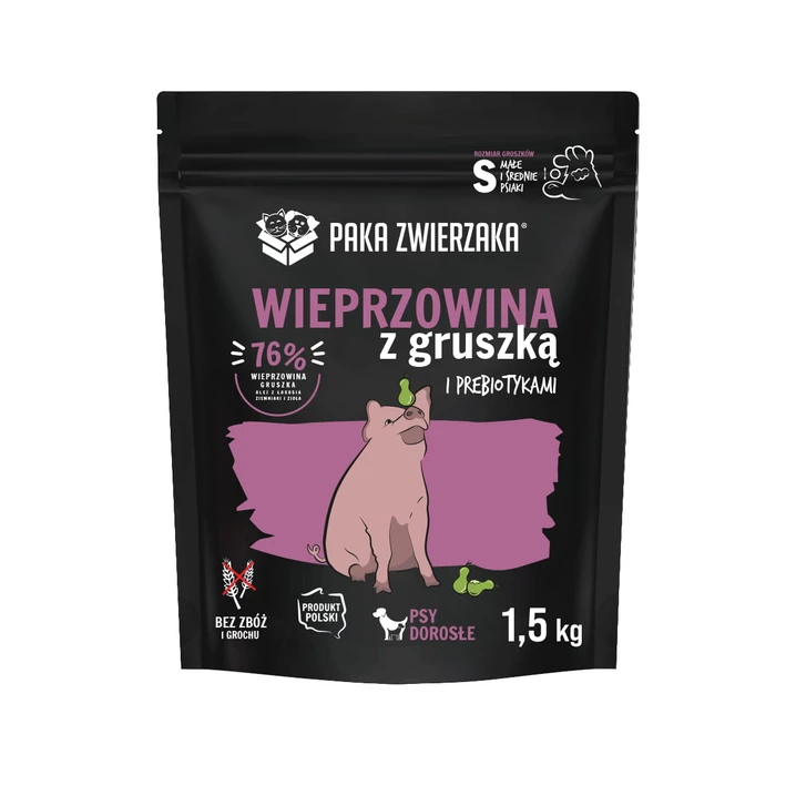 PAKA ZWIERZAKA sucha karma dla psów dorosłych małych i średnich ras, wieprzowina z gruszką 1,5 kg