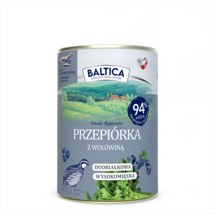 BALTICA Smaki Regionów - bezzbożowa, mokra karma dla psa z dwóch rodzajów mięsa, przepiórka z wołowiną 400g