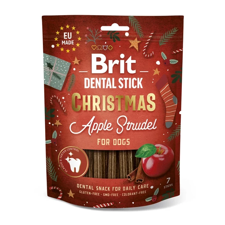 Brit Dental Stick Christmas Apple Strudel - świąteczny gryzak dla psa z jabłkiem i cynamonem, 7 sztuk, 251g