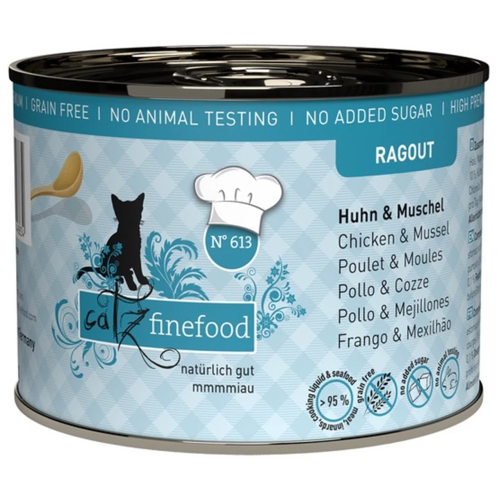 CATZ FINEFOOD Ragout - pełnoporcjowa, mokra karma dla kota, kurczak i omułek w sosie 190 g