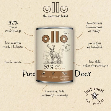 OLLO Pure Deer - mokra karma dla psa o bardzo wysokiej zawartości mięsa mięśniowego, jeleń 400g - 3